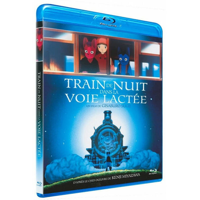 Boîtier de disque Blu-ray du film 'Train de nuit dans la voie lactée', avec des personnages animés et une locomotive stylisée.